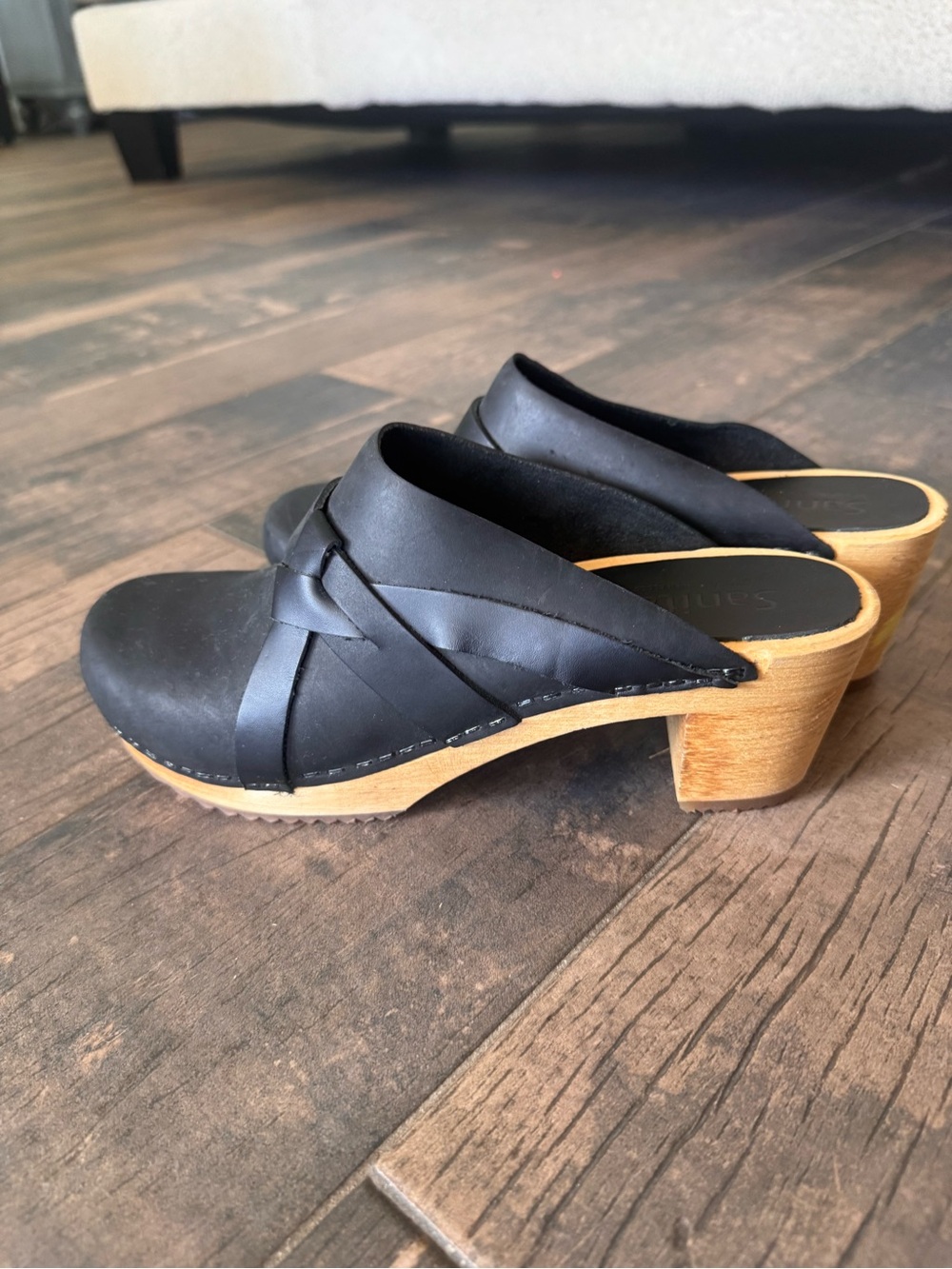 Sanita Manuella Black Oiled Leather wooden Clogs Mule Shoes EU 37 US 6.5-7.5